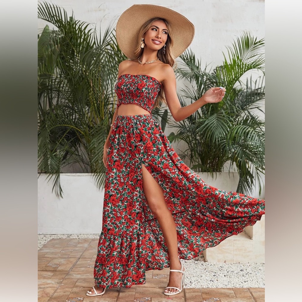 Red Floral Two-Piece Maxi Outfit